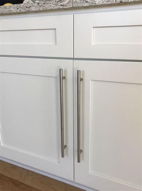 white shaker cabinets stainless steel handles|white shaker cabinet door hardware.